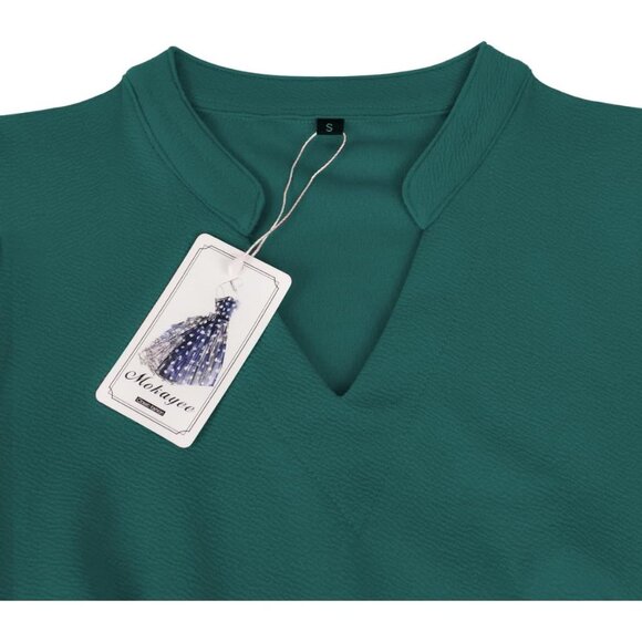 Women Dark Green Short Puff Sleeve Flare Semi-Formal Summer Dress With Pockets - Picture 3 of 5